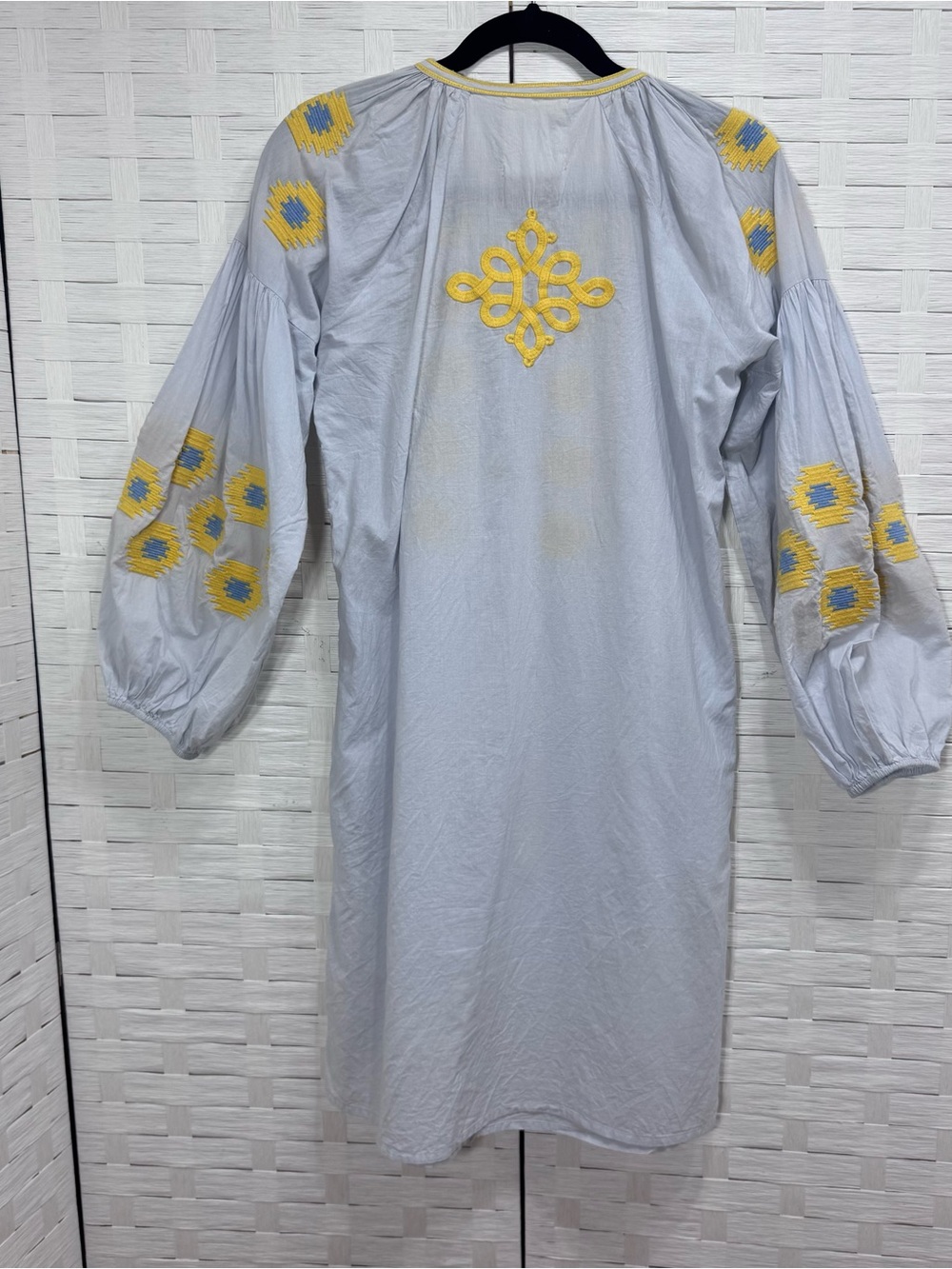 J Crew GALLABIA URBAN CASUAL Blue Yellow Embroidered Tunic Dress No Belt Size S - Picture 6 of 12